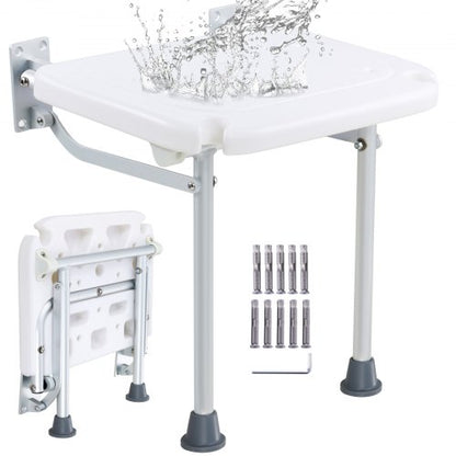 Hopfällbar duschstol i PE, 15,7'' x 14,8'' utfälld, väggmonterad hopfällbar duschbänk med 500 lbs lastkapacitet, platsbesparande hopfällbar duschstol för seniorer, gravida kvinnor, barn, vuxna