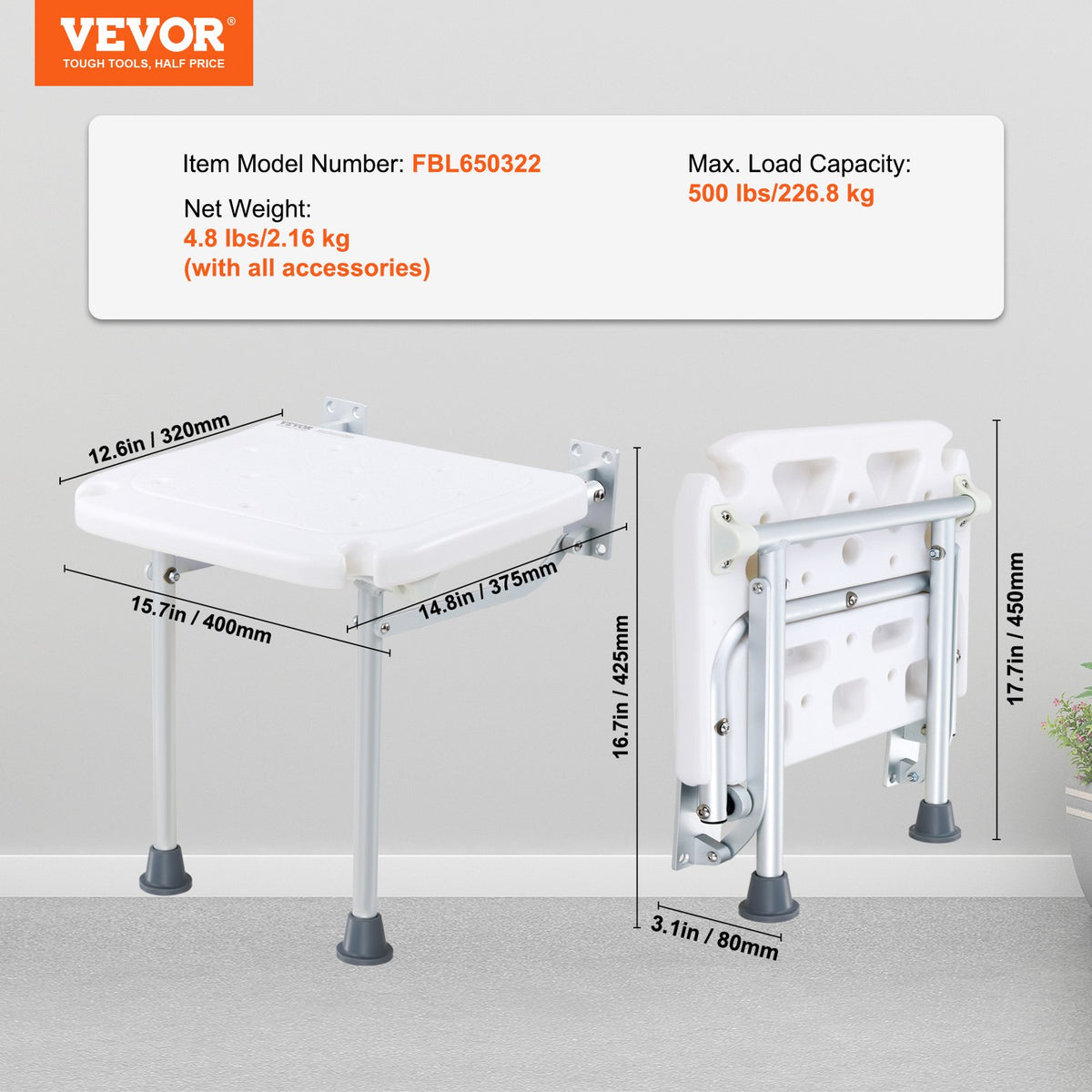 Hopfällbar duschstol i PE, 15,7'' x 14,8'' utfälld, väggmonterad hopfällbar duschbänk med 500 lbs lastkapacitet, platsbesparande hopfällbar duschstol för seniorer, gravida kvinnor, barn, vuxna