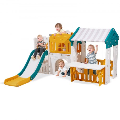 Utomhuslekstuga, mångsidig lekplats för småbarn med rutschkana, basketboll, teleskop, ratt, kryptunnel, försäljningsfönster, lekset för småbarn från 1 år, öppen lekställning, HDPE-plast