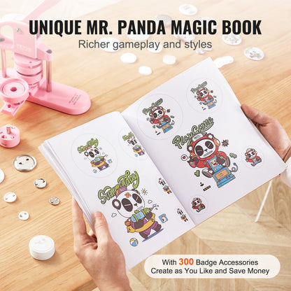 Knapptillverkare, 1/1,25/2,28 tum (25/32/58 mm) 3-i-1-stifttillverkare, 300 st. knappdelar, knappmaskin med Panda-magisk bok, ergonomiskt båghandtag, stanspresskit för barn, gör-det-själv-presenter, rosa