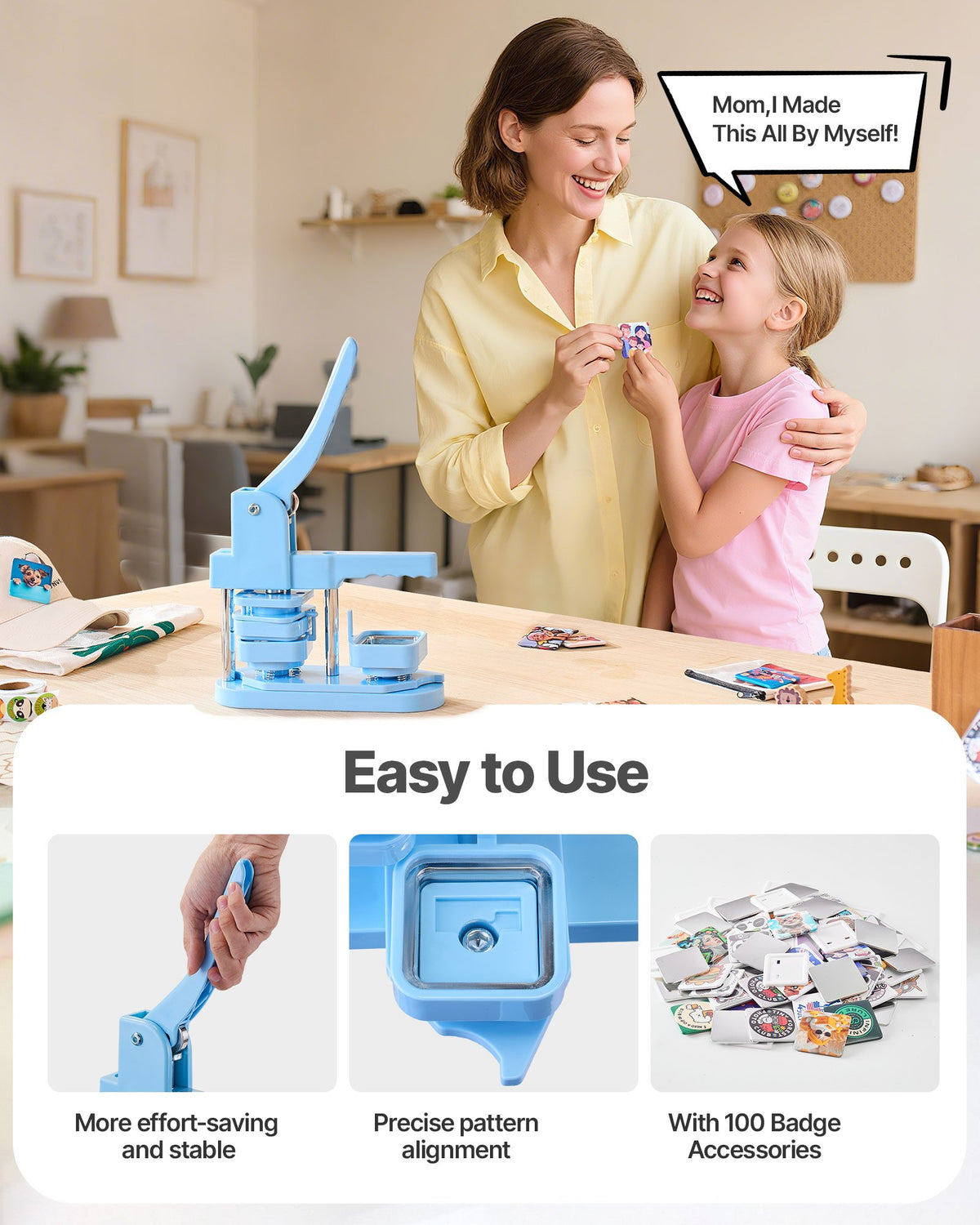 Button Maker Machine, 50 x 50 mm Square, Plastic Pin Maker with Tinplate Front Shells, Plastic Back Covers, Magnetic Backings and Transparent Films, Ergonomic Handle, for DIY Badges, Blue