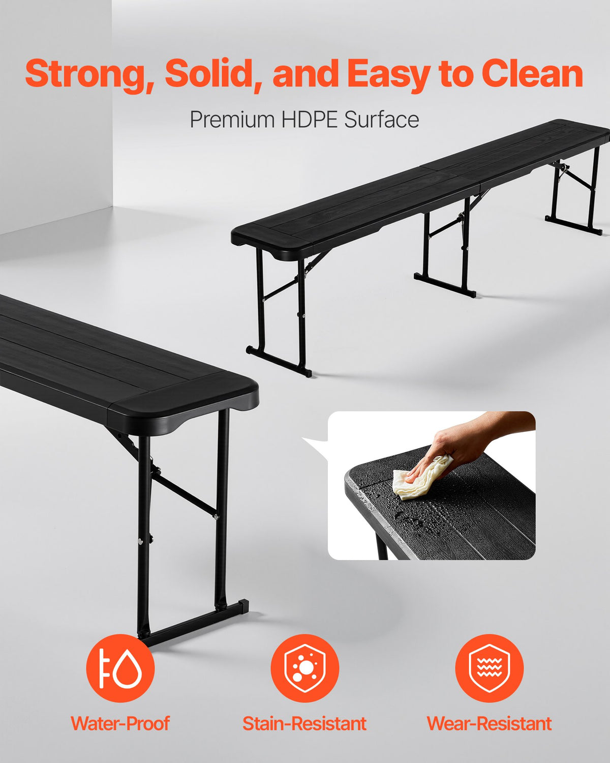 Plastic Folding Bench, 6 ft Portable Bench for Outdoor Picnic Party Camping Dining, Foldable Smooth HDPE Seat for Garden Soccer Multipurpose Entertaining Activities, 2 Pack, 2 Carry Bags, Black