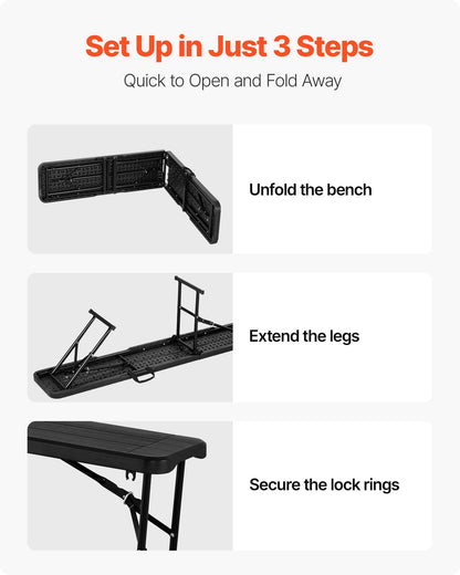 Plastic Folding Bench, 6 ft Portable Bench for Outdoor Picnic Party Camping Dining, Foldable Smooth HDPE Seat for Garden Soccer Multipurpose Entertaining Activities, 2 Pack, 2 Carry Bags, Black