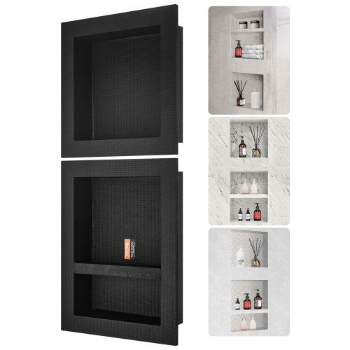 Duschnisch redo för kakel 40,64x40,64cm &amp; 40,64x50,8cm, trippel hyllplan, fyrkantiga hörn, vägginfälld nisch, förseglad skyddsnivå, modern tvålförvaringsnisch för duschbadrum, svart
