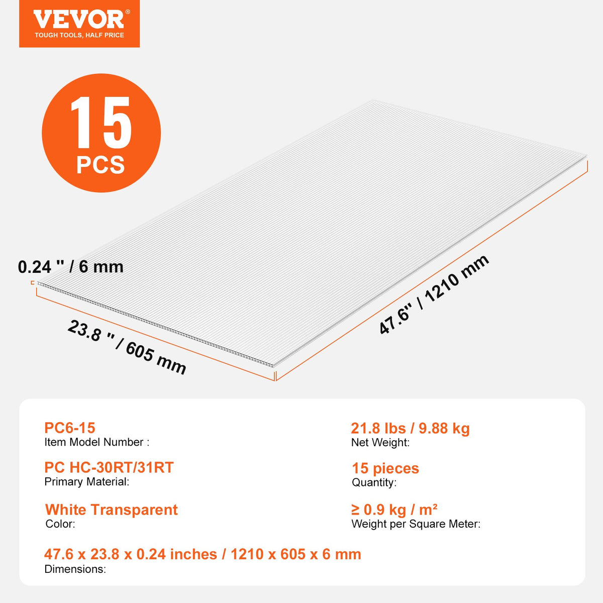 15-pack polykarbonat växthuspaneler, 2' x 4' x 0,24'' takpaneler, vattentät UV-skyddad korrugerad plasttakläggning, slagtålig genomskinlig takplåt för växthus/trädgård