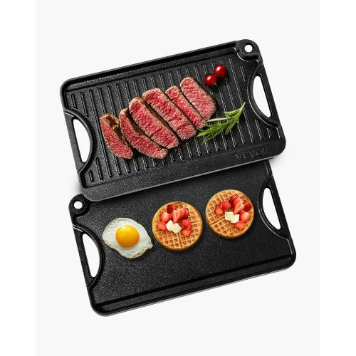 Vändbar grill/stekpanna, 14x8,5 tums förkryddat gjutjärnsstekpanna, bärbar rektangulär panna med handtag, familjeköksredskap för inomhus-/utomhusspis, gas, campinggrill, svart