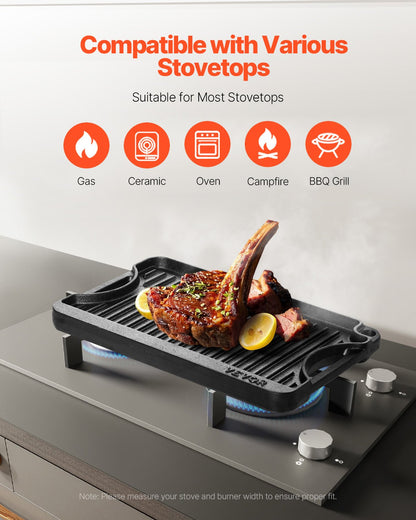 Vändbar grill/stekpanna, 14x8,5 tums förkryddat gjutjärnsstekpanna, bärbar rektangulär panna med handtag, familjeköksredskap för inomhus-/utomhusspis, gas, campinggrill, svart