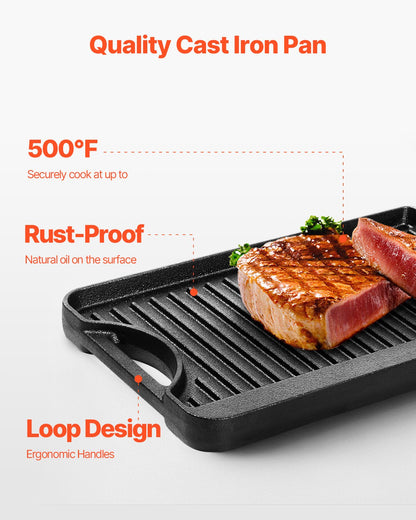 Vändbar grill/stekpanna, 14x8,5 tums förkryddat gjutjärnsstekpanna, bärbar rektangulär panna med handtag, familjeköksredskap för inomhus-/utomhusspis, gas, campinggrill, svart
