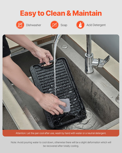 Vändbar grill/stekpanna, 14x8,5 tums förkryddat gjutjärnsstekpanna, bärbar rektangulär panna med handtag, familjeköksredskap för inomhus-/utomhusspis, gas, campinggrill, svart