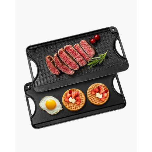 Vändbar grill/stekpanna, 20x10 tums förkryddat gjutjärnsstekpanna, bärbar rektangulär panna med handtag, familjeköksredskap för inomhus-/utomhusspis, gas, campinggrill, svart
