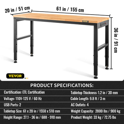 Höjdjusterbar arbetsbänk 154,9 cm L x 50,8 cm B Arbetsbord med eluttag
