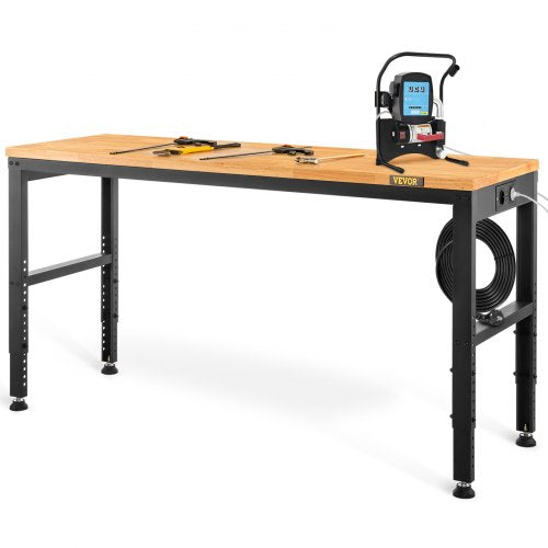 Arbetsbänk med justerbar höjd, 122 cm B x 61 cm DX 97 cm H Garagebord med 72–97 cm höjd och 900 kg lastkapacitet, med eluttag, träskiva, metallram och fotplattor, för kontor och hem