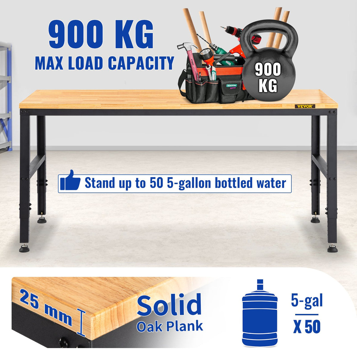Arbetsbänk med justerbar höjd, 122 cm B x 61 cm DX 97 cm H Garagebord med 72–97 cm höjd och 900 kg lastkapacitet, med eluttag, träskiva, metallram och fotplattor, för kontor och hem