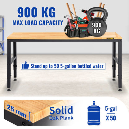 Arbetsbänk med justerbar höjd, 122 cm B x 61 cm DX 97 cm H Garagebord med 72–97 cm höjd och 900 kg lastkapacitet, med eluttag, träskiva, metallram och fotplattor, för kontor och hem