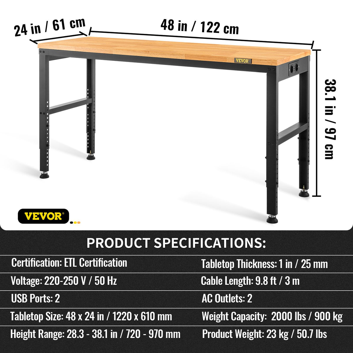 Arbetsbänk med justerbar höjd, 122 cm B x 61 cm DX 97 cm H Garagebord med 72–97 cm höjd och 900 kg lastkapacitet, med eluttag, träskiva, metallram och fotplattor, för kontor och hem