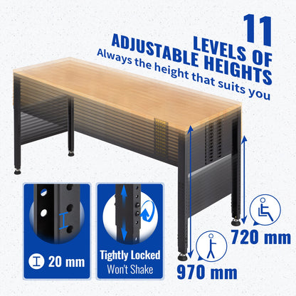 Arbetsbänk med justerbar höjd, 135 cm B x 46 cm DX 97 cm H, garagebord med 72–97 cm höjd och 900 kg lastkapacitet, med eluttag, träskiva, metallram och fotplattor, för kontor och hem.
