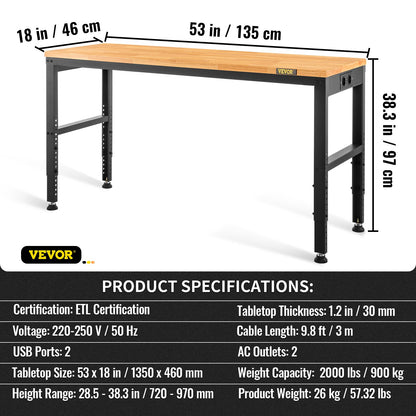 Arbetsbänk med justerbar höjd, 135 cm B x 46 cm DX 97 cm H, garagebord med 72–97 cm höjd och 900 kg lastkapacitet, med eluttag, träskiva, metallram och fotplattor, för kontor och hem.