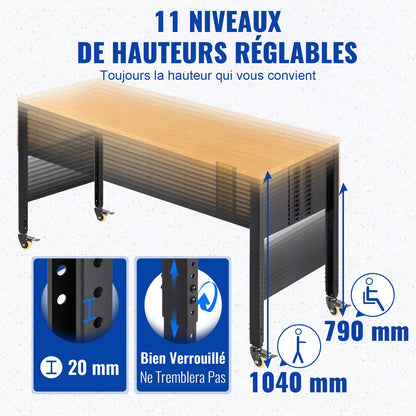 Arbetsbänk med justerbar höjd, 122 cm B x 51 cm DX 104 cm H Garagebord med 79–104 cm höjd och 720 kg kapacitet, med eluttag, träskiva, metallram och svänghjul, för kontor/hem