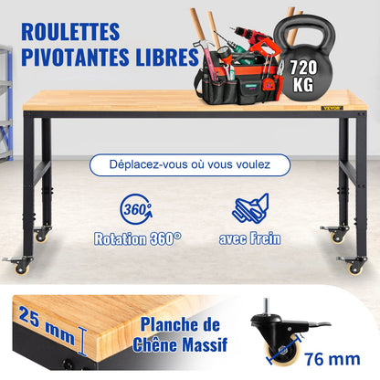Arbetsbänk med justerbar höjd, 122 cm B x 51 cm DX 104 cm H Garagebord med 79–104 cm höjd och 720 kg kapacitet, med eluttag, träskiva, metallram och svänghjul, för kontor/hem