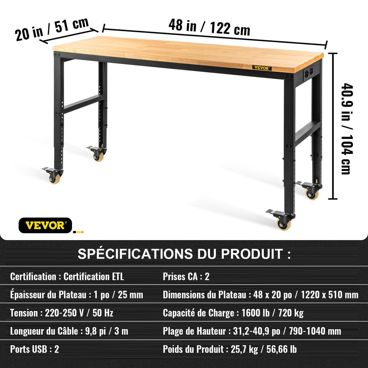 Arbetsbänk med justerbar höjd, 122 cm B x 51 cm DX 104 cm H Garagebord med 79–104 cm höjd och 720 kg kapacitet, med eluttag, träskiva, metallram och svänghjul, för kontor/hem