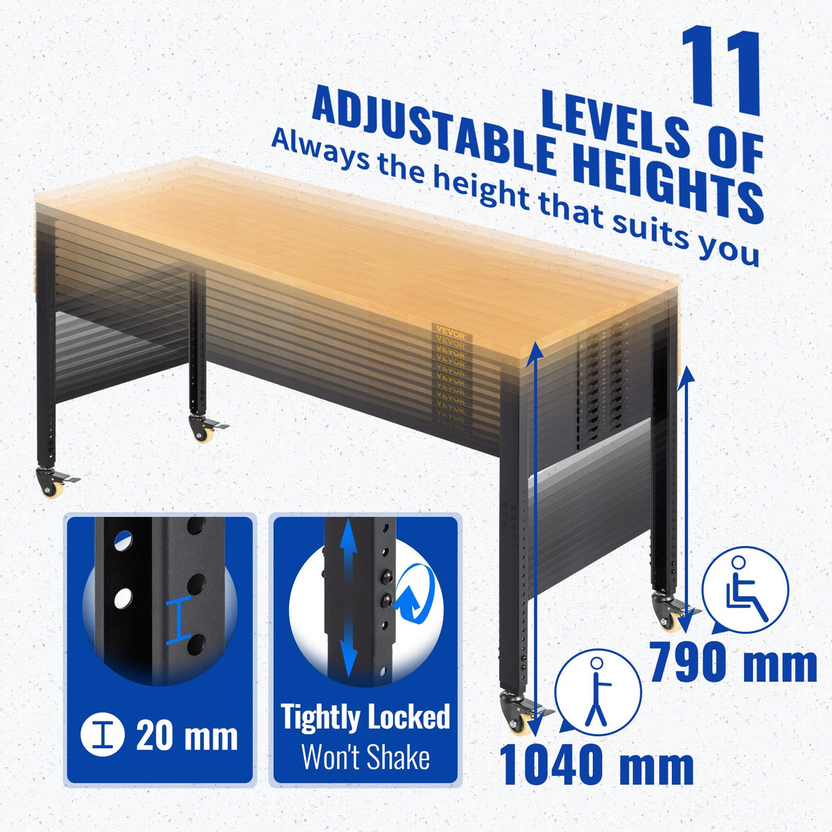 Arbetsbänk med justerbar höjd, 122 cm B x 61 cm DX 104 cm H Garagebord med 79–104 cm höjd och 720 kg kapacitet, med eluttag, träskiva, metallram och svänghjul, för kontor/hem
