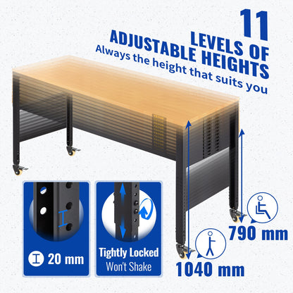 Arbetsbänk med justerbar höjd, 122 cm B x 61 cm DX 104 cm H Garagebord med 79–104 cm höjd och 720 kg kapacitet, med eluttag, träskiva, metallram och svänghjul, för kontor/hem