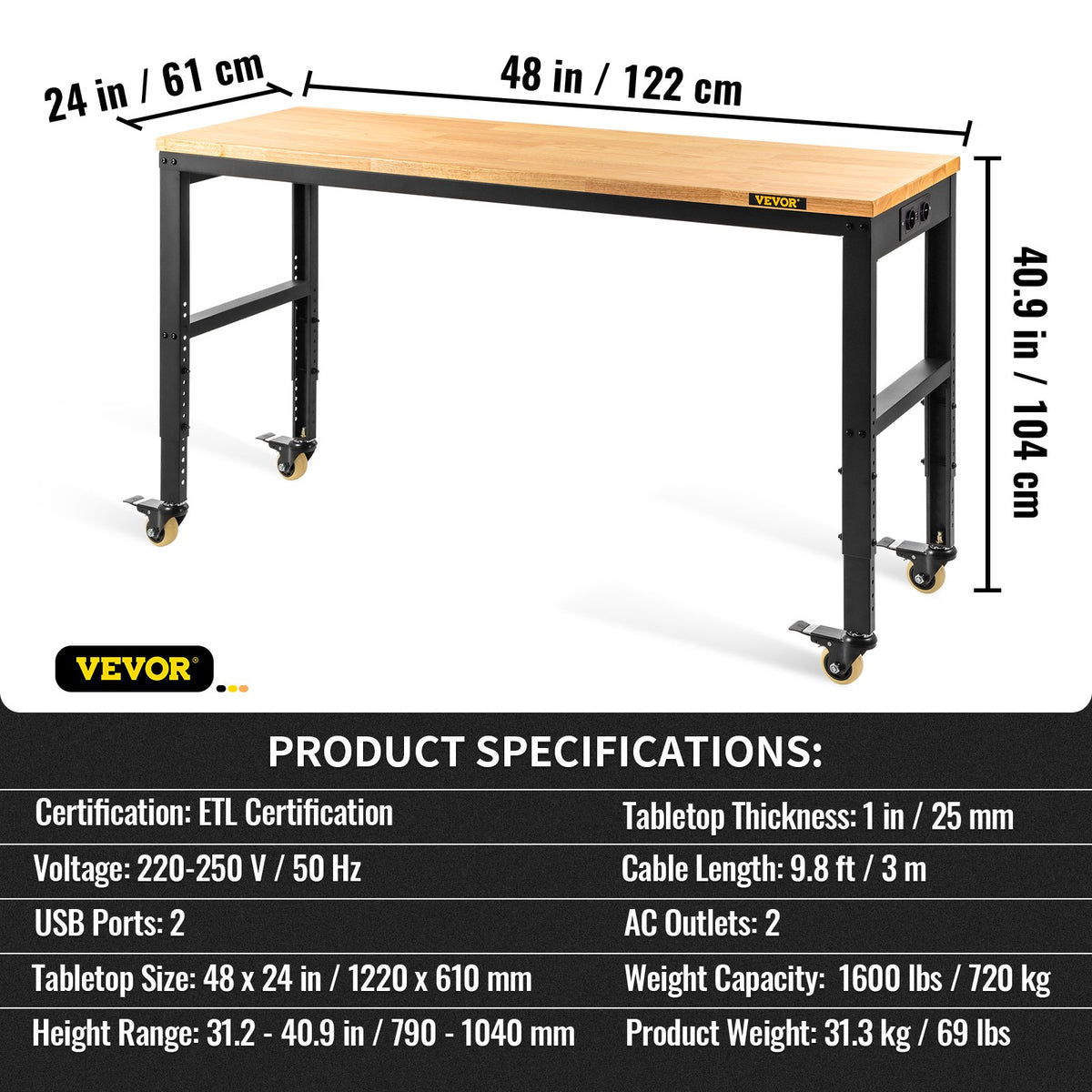 Arbetsbänk med justerbar höjd, 122 cm B x 61 cm DX 104 cm H Garagebord med 79–104 cm höjd och 720 kg kapacitet, med eluttag, träskiva, metallram och svänghjul, för kontor/hem