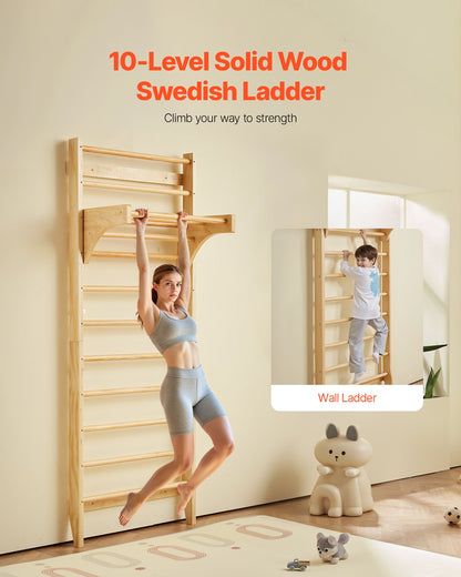 Svenskt stege-vägggym, 10-våningar massivt trä inomhus klättergym, 220lbs belastning inomhuslekplats klätterstege för barn vuxna, gymnastikbåsstänger med pull-up-stång - perfekt present till pojkar flickor