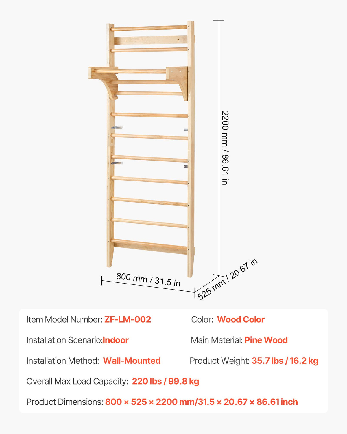 Svenskt stege-vägggym, 10-våningar massivt trä inomhus klättergym, 220lbs belastning inomhuslekplats klätterstege för barn vuxna, gymnastikbåsstänger med pull-up-stång - perfekt present till pojkar flickor