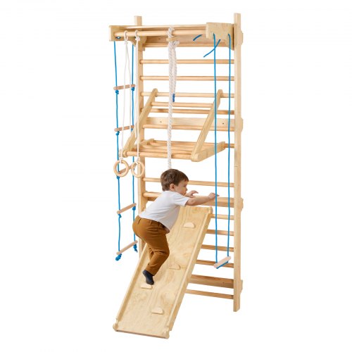 Svenskt stege-vägggym, 8-i-1 15 nivåer massivt trä inomhus klättergym, 220 kg väggmonterade ribbor klätterlekset med väggstege, glidbräda, pull-up-stång, gymringar, gungstol, repstege