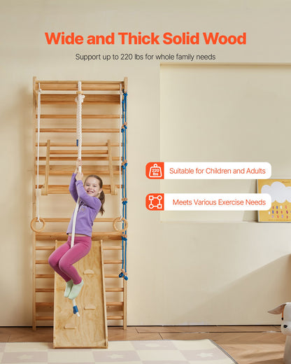 Svenskt stege-vägggym, 8-i-1 15 nivåer massivt trä inomhus klättergym, 220 kg väggmonterade ribbor klätterlekset med väggstege, glidbräda, pull-up-stång, gymringar, gungstol, repstege