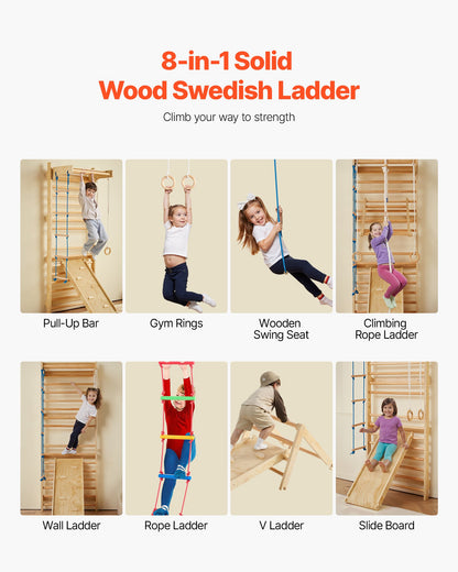 Svenskt stege-vägggym, 8-i-1 15 nivåer massivt trä inomhus klättergym, 220 kg väggmonterade ribbor klätterlekset med väggstege, glidbräda, pull-up-stång, gymringar, gungstol, repstege