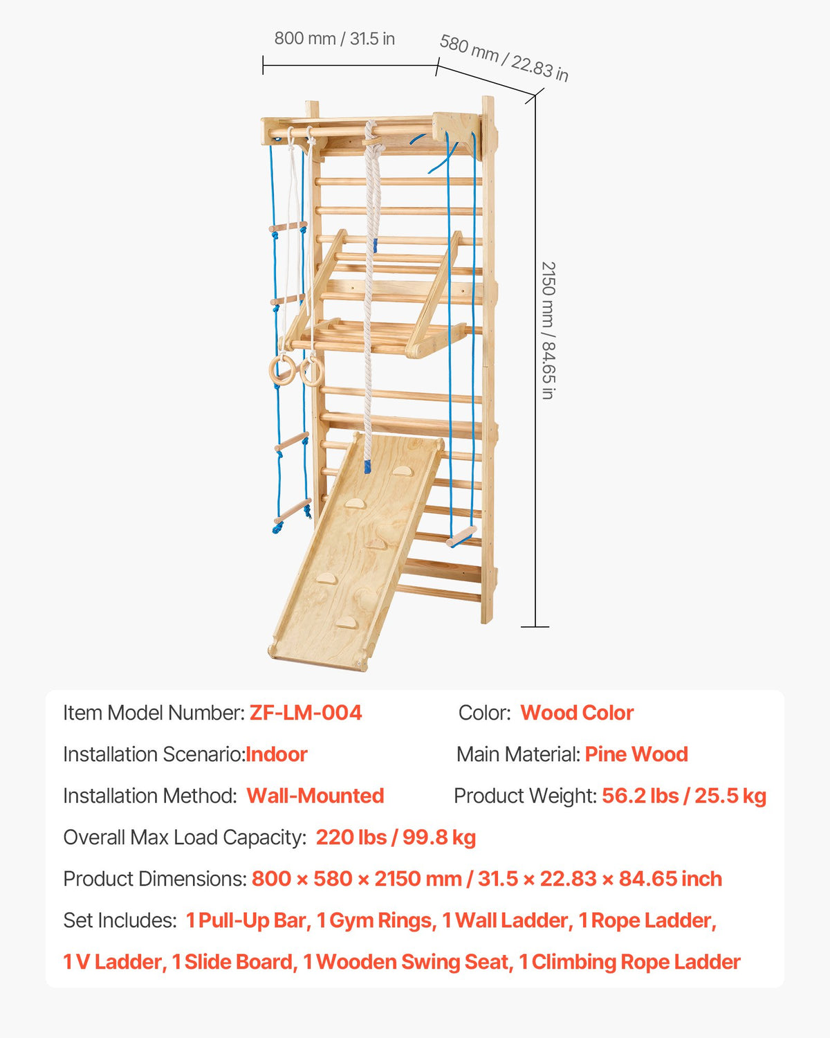 Svenskt stege-vägggym, 8-i-1 15 nivåer massivt trä inomhus klättergym, 220 kg väggmonterade ribbor klätterlekset med väggstege, glidbräda, pull-up-stång, gymringar, gungstol, repstege