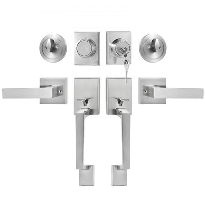 Dörrhandtagsset med dubbla dörrar, Dörrlåsset med vändbar spak, Dörrhandtag i satin nickel, Kraftigt dubbla ytterdörrhandtagsset med attapp, för ytterdörr eller kontorsdörr