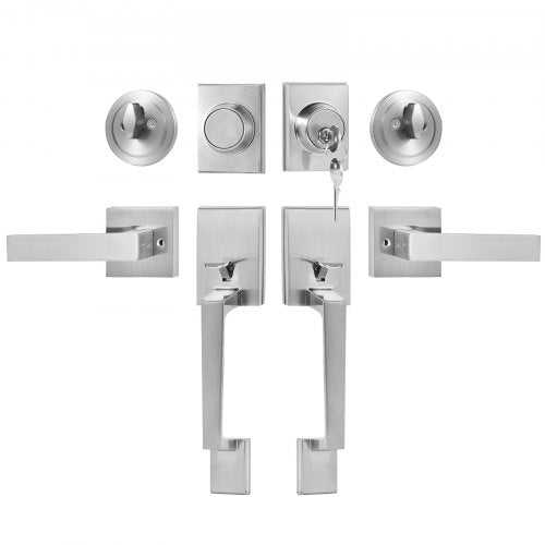 Dörrhandtagsset med dubbla dörrar, Dörrlåsset med vändbar spak, Dörrhandtag i satin nickel, Kraftigt dubbla ytterdörrhandtagsset med attapp, för ytterdörr eller kontorsdörr