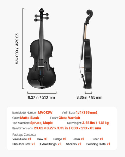 Fiol 355 mm storlek 4/4 Fiolset massivt trä för nybörjare med fodral rosin svart