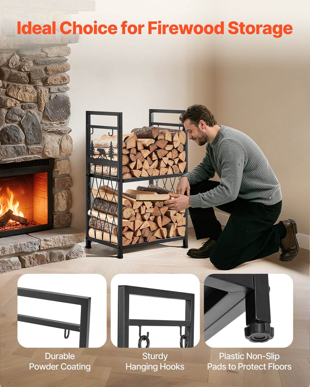 Indoor Firewood Rack, 45.5cm 2-Tier Firewood Holder with Fireplace Tools, Brush, Shovel, Poker, Tongs, Heavy Duty Log Wood Rack, 400 lbs Weight Capacity, Wood Pile Storage Stacker for Fire Pit