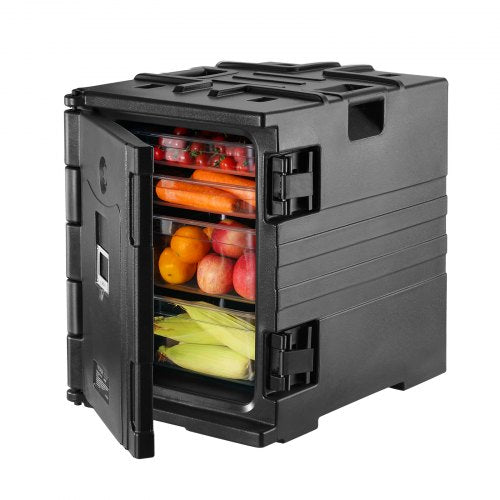 Isolerad matlåda, 90 liters värmelåda för catering, LLDPE-matlåda med dubbla spännen, frontmatad matvärmare med handtag, stapelbar ändmatare för restaurang, matsal etc. Svart