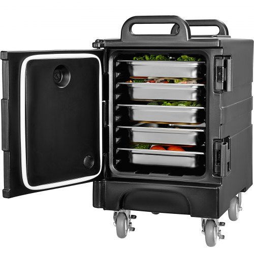 Isolerad matlåda, 81 qt värmelåda för catering, matlåda med dubbla spännen, frontmatad matvärmare med handtag, stapelbar ändmatare med hjul för restaurang, kantin