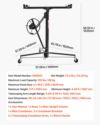 3353 mm gipslyft, kraftig 68 kg gipskivotlyft med justerbar teleskoparm, låsbara hjul, gipslyft, paneldomkraft, lyftverktyg, idealisk för tak- och vägginstallation (svart)