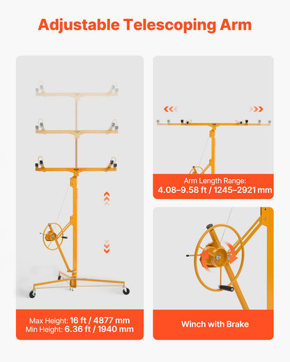 4877 mm Drywall Lift, Heavy-Duty 68 kg Sheetrock Hoist with Adjustable Telescoping Arm, Lockable Wheels, Drywall Lifter Panel Jack Hoist Tools Ideal for Ceiling & Wall Installation (Yellow)