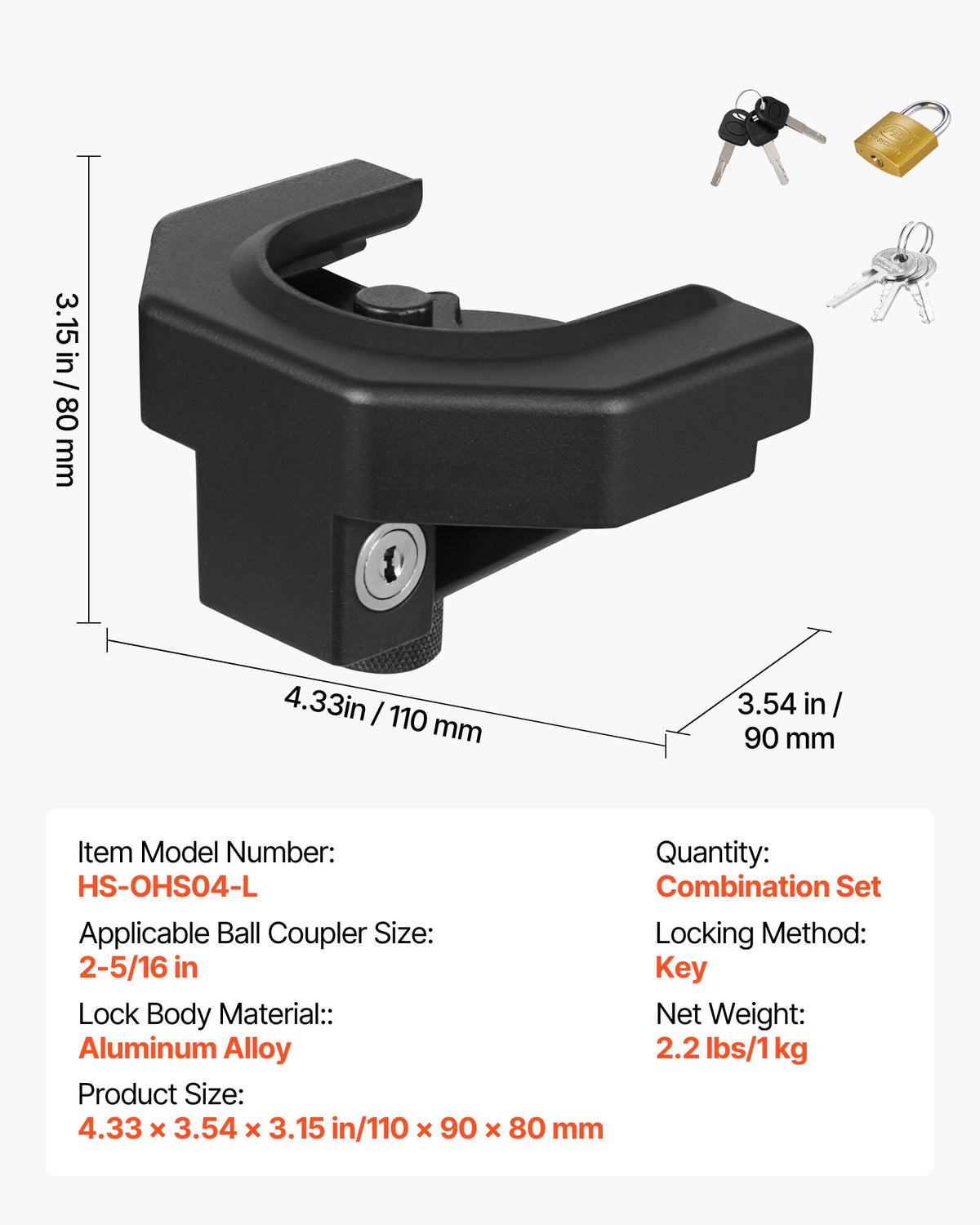 Trailer Hitch Lock Kit, Compatible with 58.7 mm Couplers, Heavy-Duty Anti-Theft Trailer Ball Lock with 3 Keys & Padlock, Prying-Resistant & Impact-Resistant, Fits for RVs, Boats, Trailers