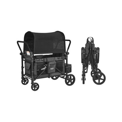 Barnvagn för 4 barn, hopfällbar vagn med justerbart handtag, säkerhetssele och avtagbar sufflett, 4-sitsig campingvagn, mörkgrå och svart (lastar 145 kg)