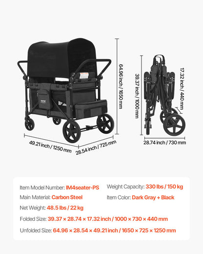 Barnvagn för 4 barn, hopfällbar vagn med justerbart handtag, säkerhetssele och avtagbar sufflett, 4-sitsig campingvagn, mörkgrå och svart (lastar 145 kg)