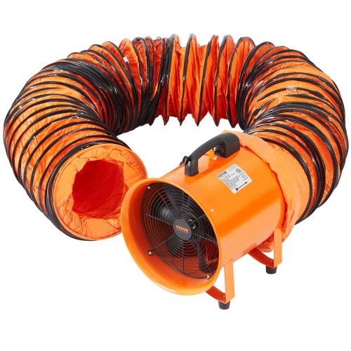 25,4 cm bärbar ventilator, 2-växlad industriell fläkt med 10 m flexibel slang, axial frånluftsfläkt för källare, verkstäder, lager och trånga utrymmen, orange
