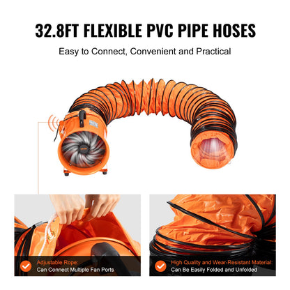 25,4 cm bärbar ventilator, 2-växlad industriell fläkt med 10 m flexibel slang, axial frånluftsfläkt för källare, verkstäder, lager och trånga utrymmen, orange