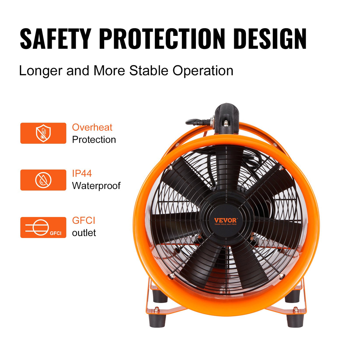 25,4 cm bärbar ventilator, 2-växlad industriell fläkt med 10 m flexibel slang, axial frånluftsfläkt för källare, verkstäder, lager och trånga utrymmen, orange