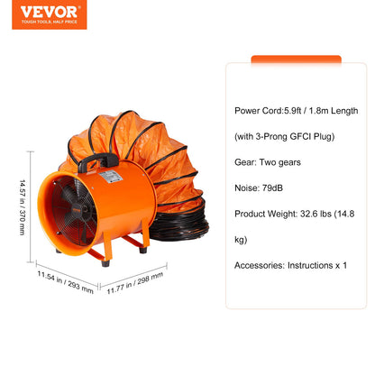 25,4 cm bärbar ventilator, 2-växlad industriell fläkt med 10 m flexibel slang, axial frånluftsfläkt för källare, verkstäder, lager och trånga utrymmen, orange