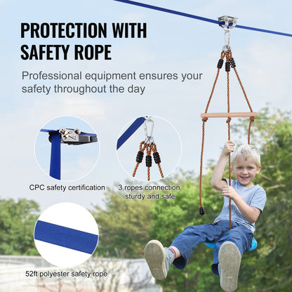 Zipline-kit för barn och vuxna, 15,5 meter långa zipline-kit upp till 227 kg, snabb uppsättning av zipline för utomhusbruk, lekplatsunderhållning med zipline, säkerhetssele i nylon, säte och styr