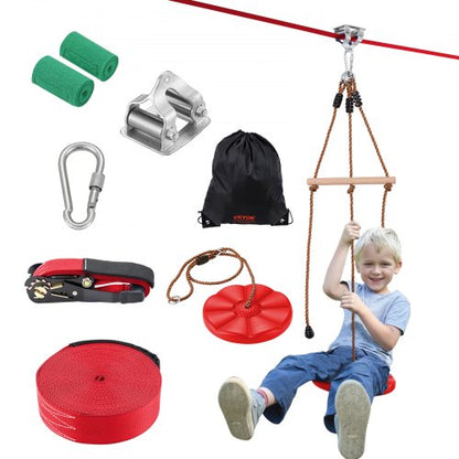 Zipline-kit för barn och vuxna, 65 fots zipline-kit upp till 500 lb, snabb uppsättning av zipline för bakgård och utomhusbruk, lekplatsunderhållning med zipline, säkerhetssele i nylon, säte och styre
